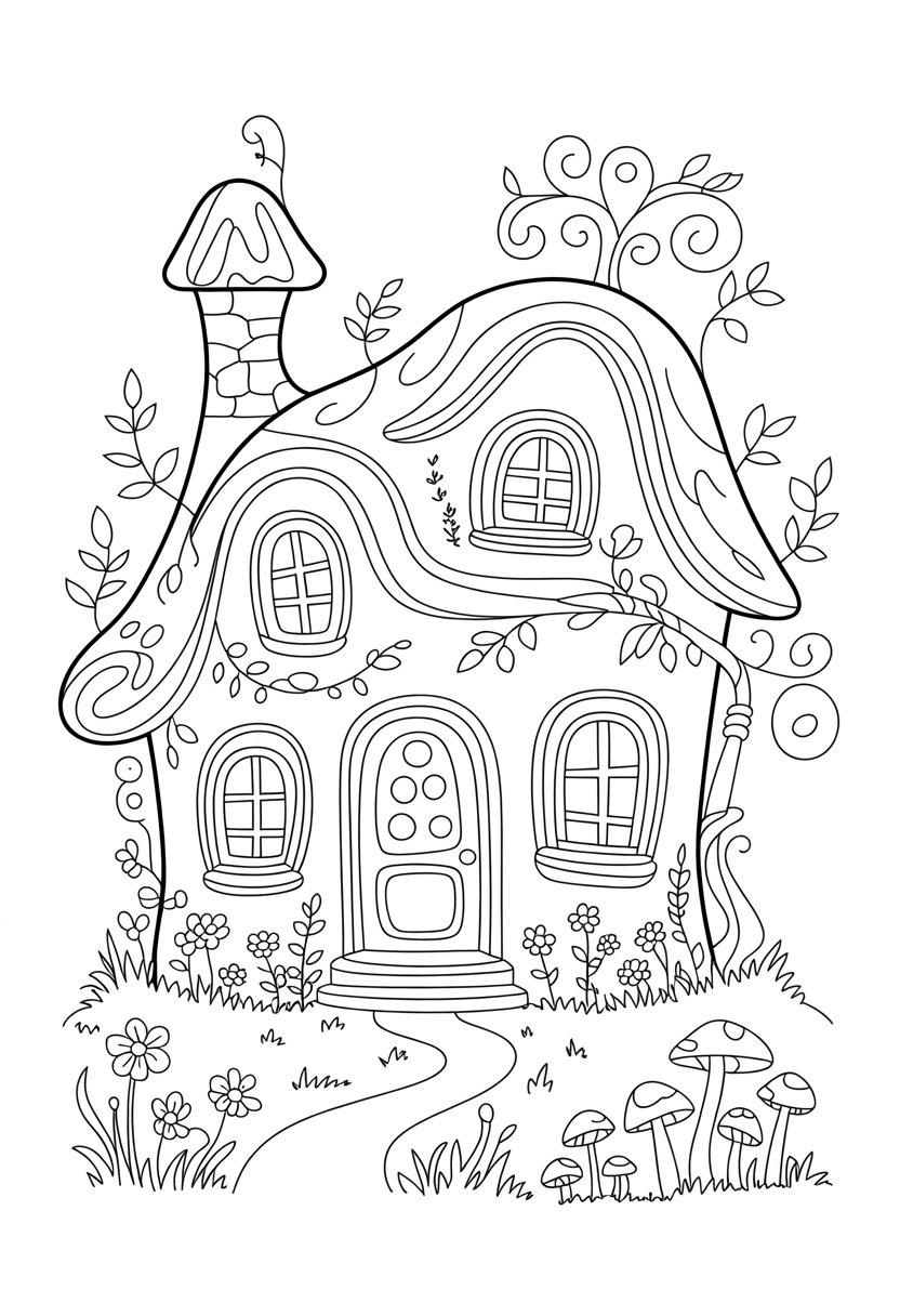 Coloring Pages Cute Ideas for Kids: 21 Engaging Designs to Inspire Creativity 23 A whimsical house with a crooked chimney, surrounded by flowers, mushrooms, a winding path, and a small tree.